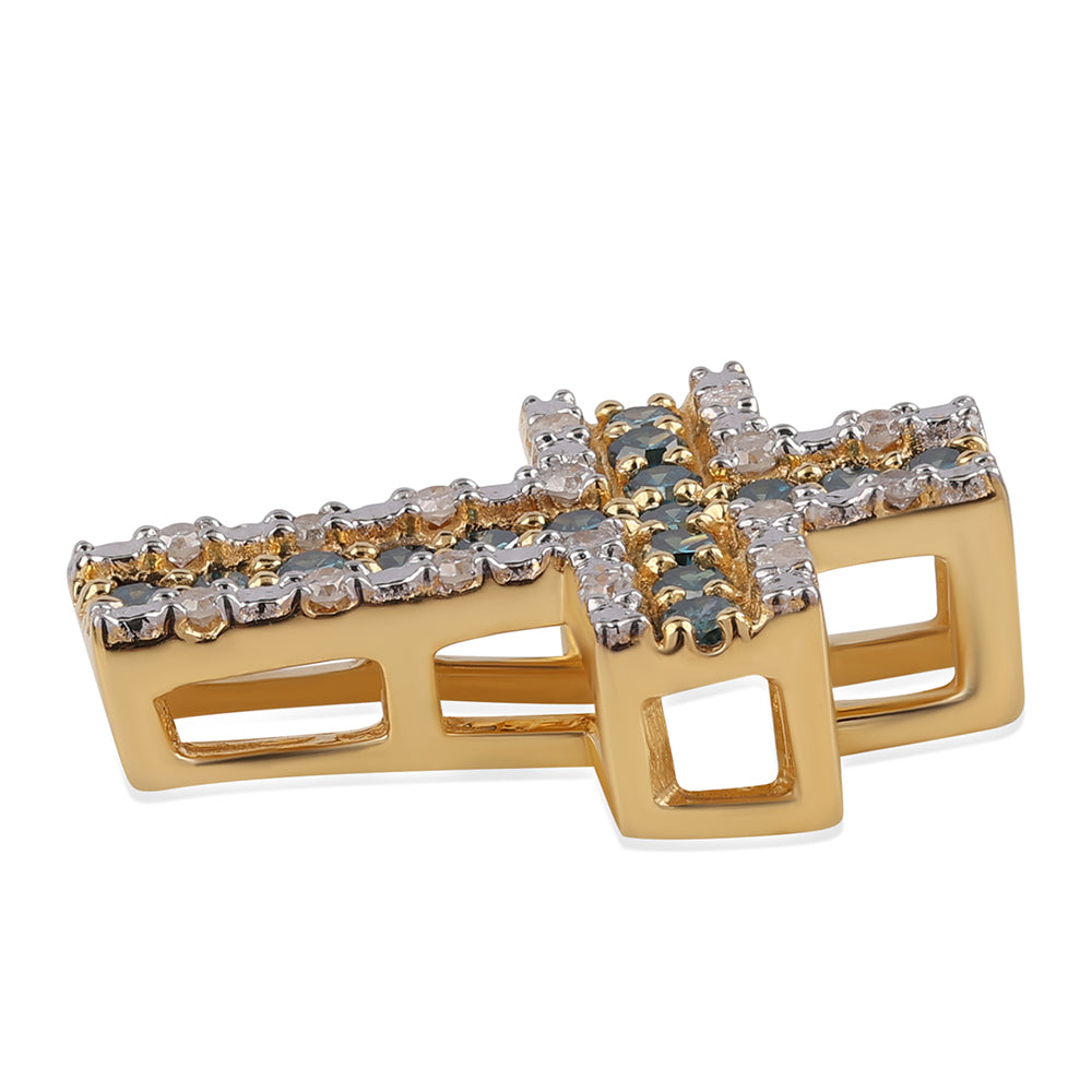 Cruz Pendente de Prata com Banho de Ouro com Diamante Azul e Diamante Branco