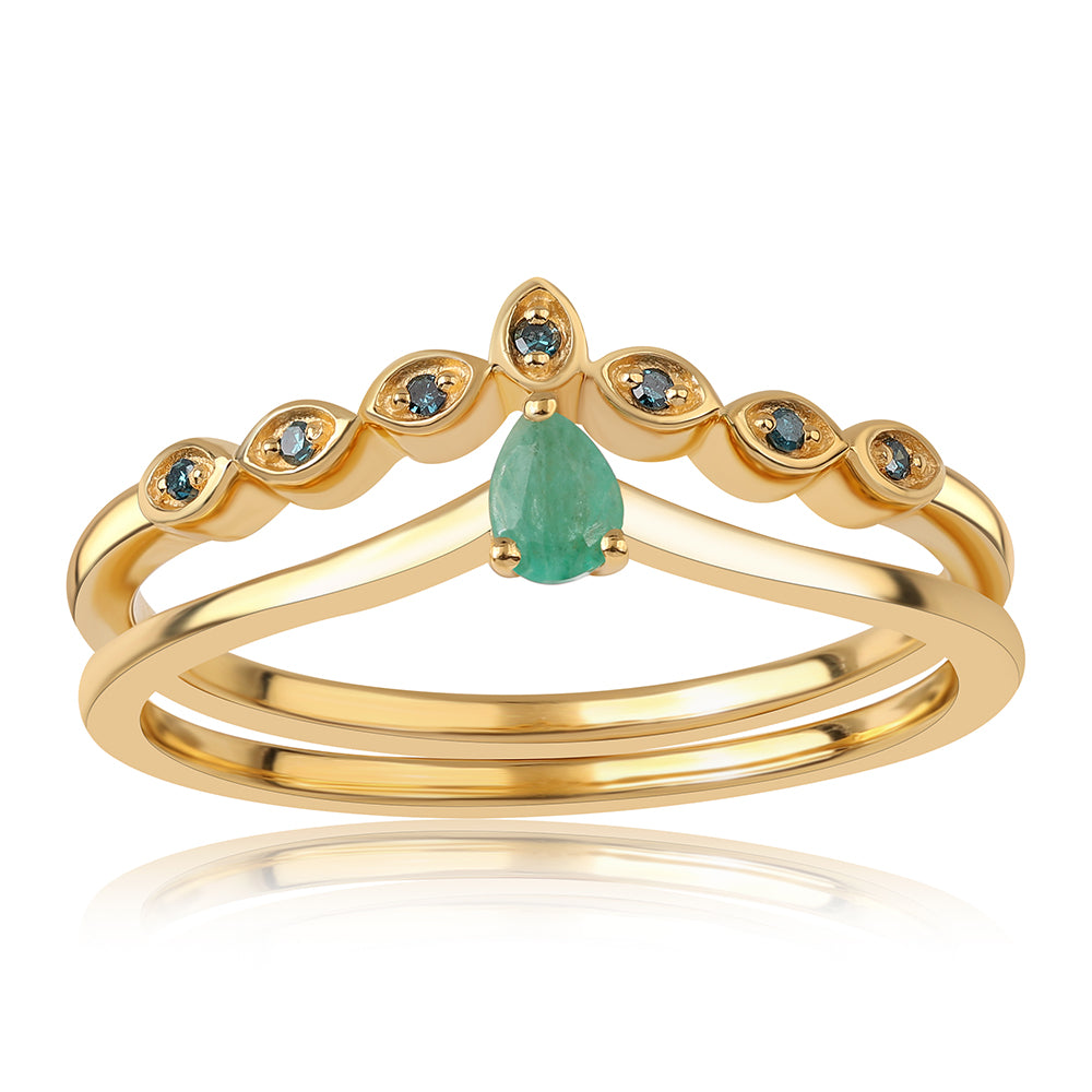 Conjunto de Prata com Banho de Ouro com Diamante Azul e Esmeralda do Brasil ( Anel )  Contraste: Cabeca de Veado (800)