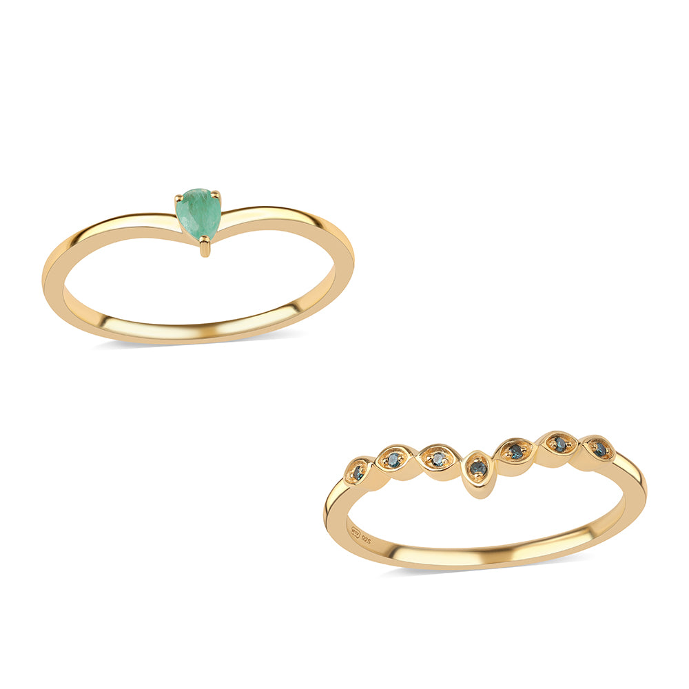Conjunto de Prata com Banho de Ouro com Diamante Azul e Esmeralda do Brasil ( Anel )  Contraste: Cabeca de Veado (800)
