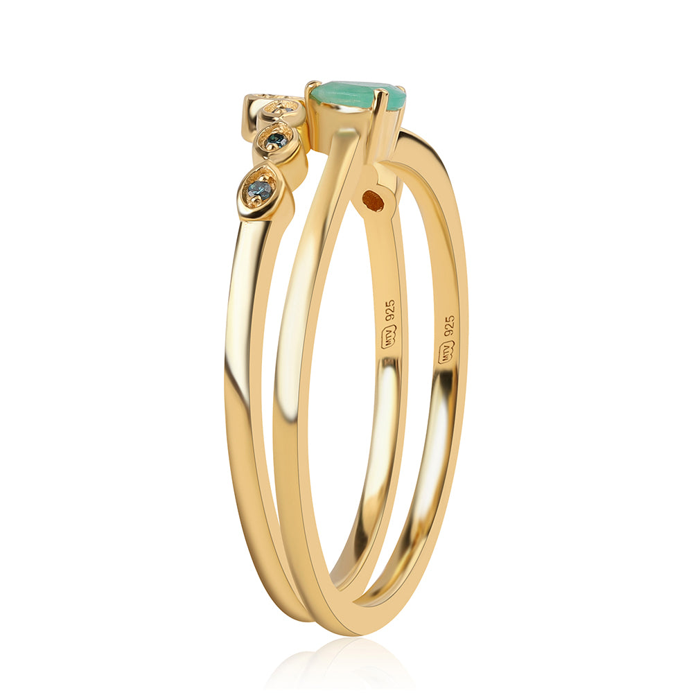 Conjunto de Prata com Banho de Ouro com Diamante Azul e Esmeralda do Brasil ( Anel )  Contraste: Cabeca de Veado (800)