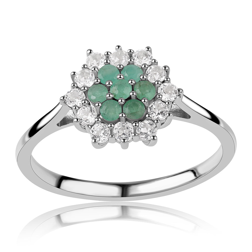 Anel de Prata com Esmeralda do Brasil e Topázio Branco 2 