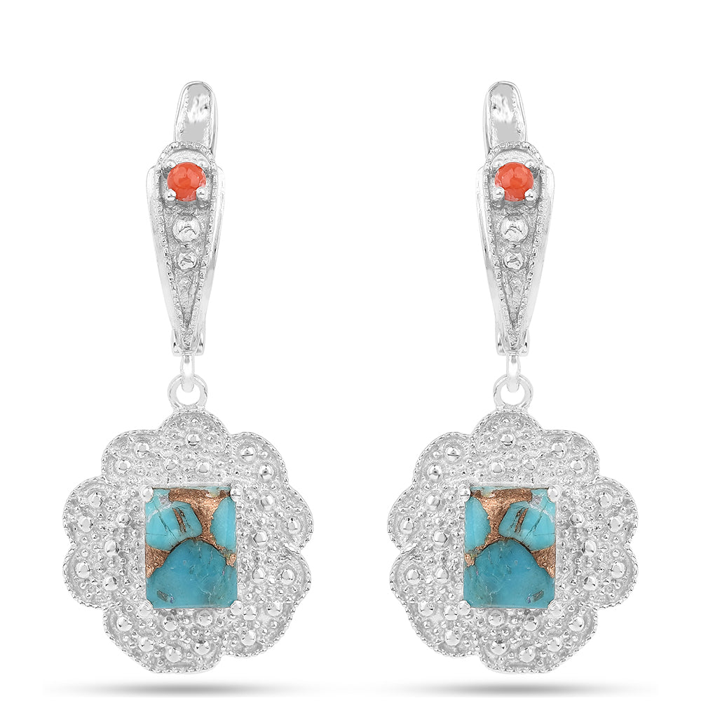 Brincos de Prata com Ostra Turquesa e Coral Vermelho