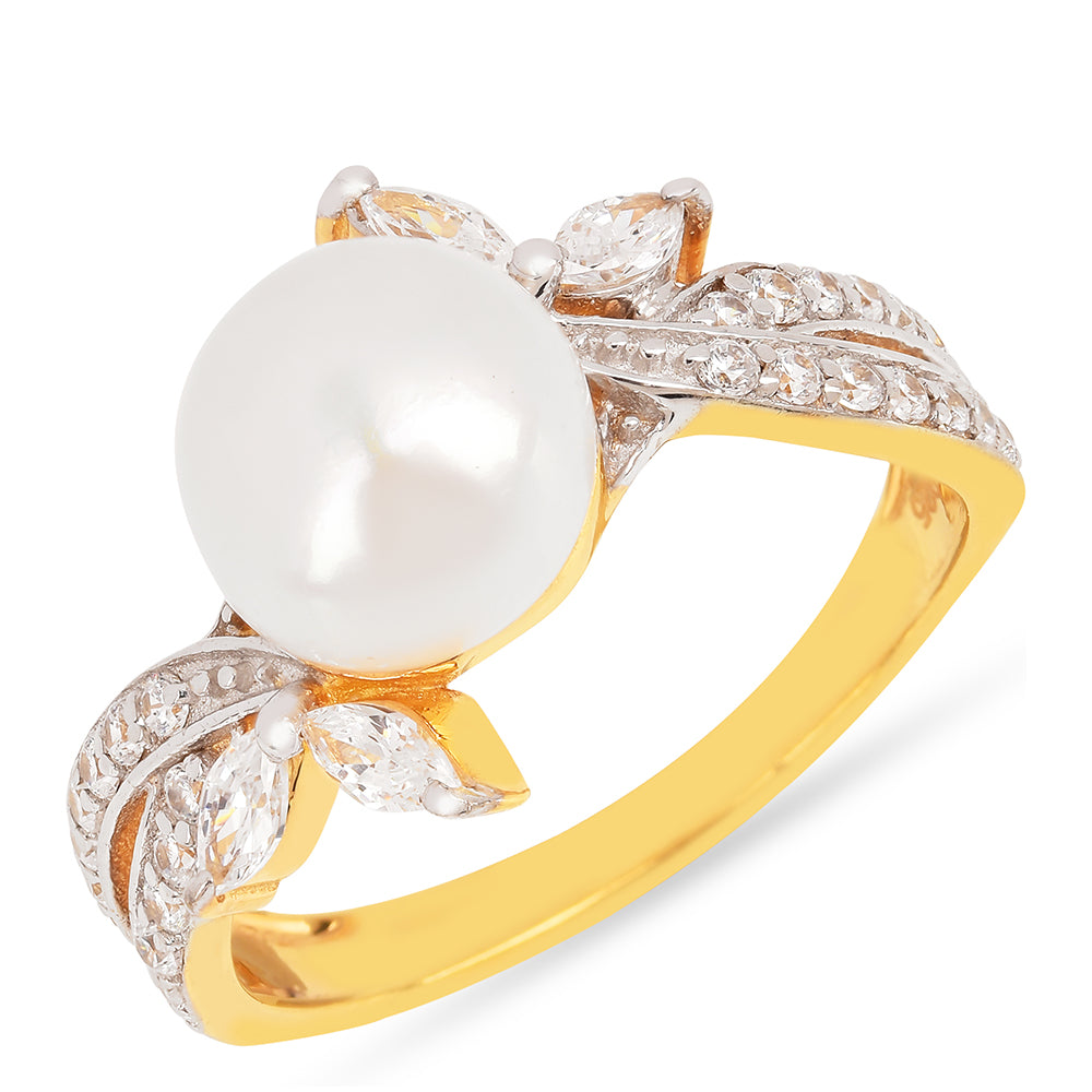 Anel de Prata com Banho de Ouro com Pérola Branca de Água Creme e Zircão Branco 1 