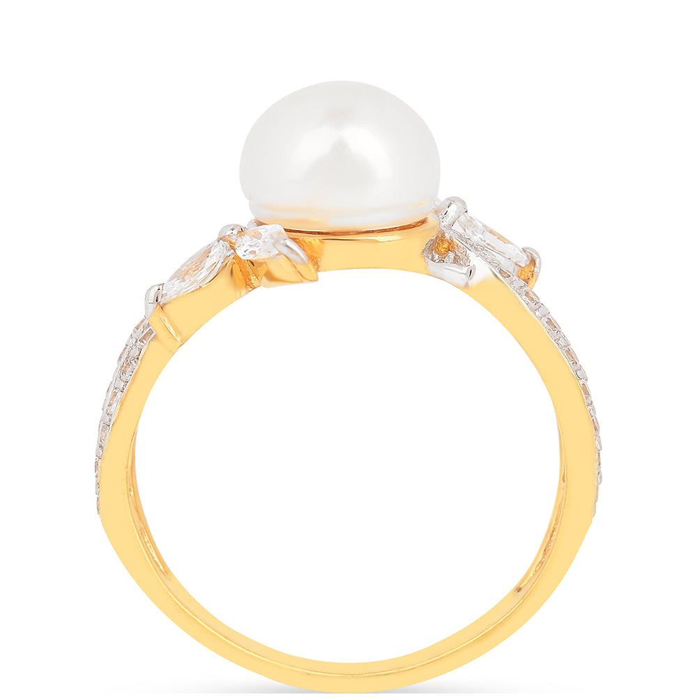 Anel de Prata com Banho de Ouro com Pérola Branca de Água Creme e Zircão Branco 3 