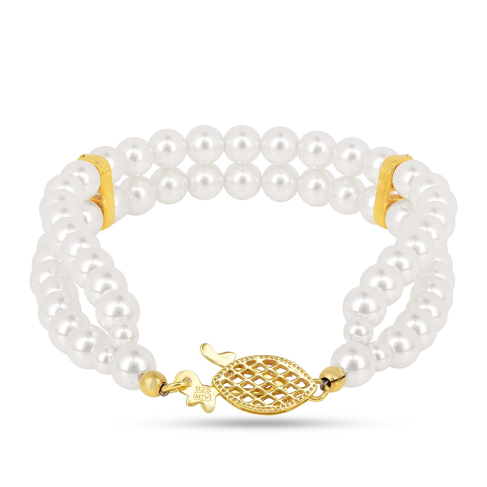 Pulseira de Prata com Banho de Ouro com Pérola Branca de Água Creme e Zircão Branco  Contraste: Cabeca de Veado (800)
