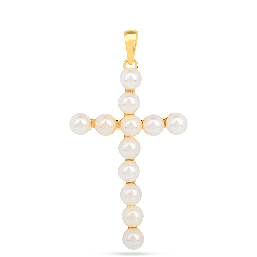 Cruz Pendente de Prata com Banho de Ouro com Pérola Branca de Água Creme