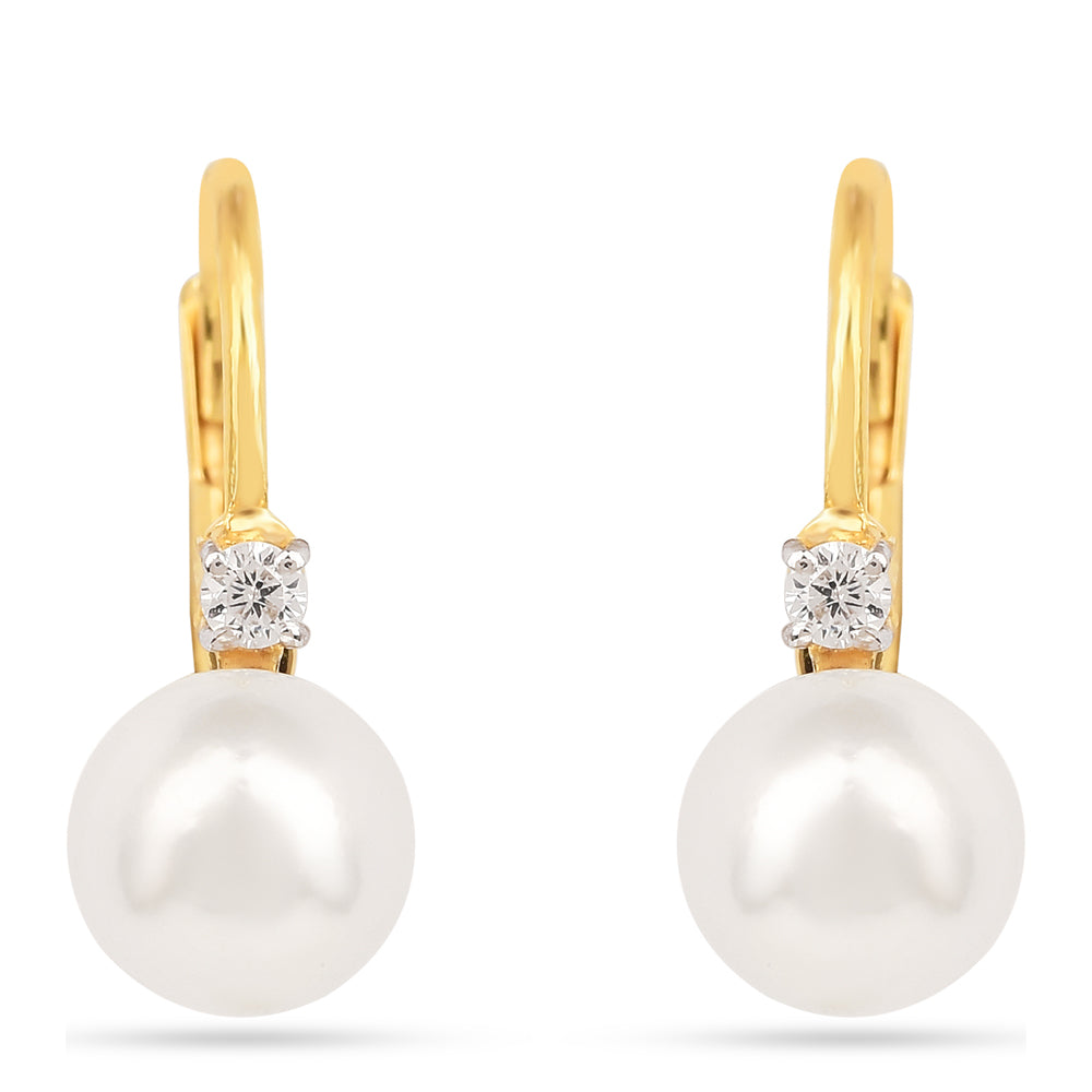 Brincos de Prata com Banho de Ouro com Pérola Branca de Água Creme e Zircão Branco