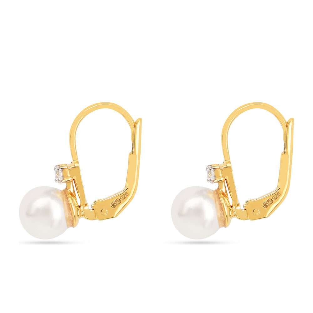 Brincos de Prata com Banho de Ouro com Pérola Branca de Água Creme e Zircão Branco