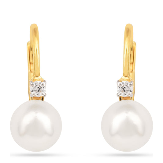 Brincos de Prata com Banho de Ouro com Pérola Branca de Água Creme e Zircão Branco