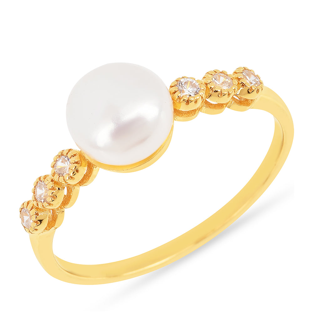 Anel de Prata com Banho de Ouro com Pérola Branca de Água Creme e Zircão Branco 1 