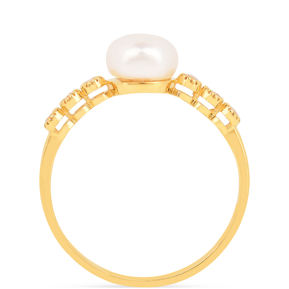 Anel de Prata com Banho de Ouro com Pérola Branca de Água Creme e Zircão Branco 3 