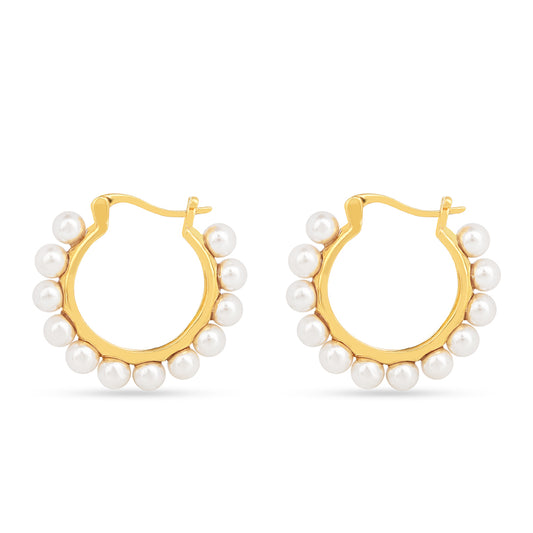 Brincos de Prata com Banho de Ouro com Pérola Branca de Água Creme