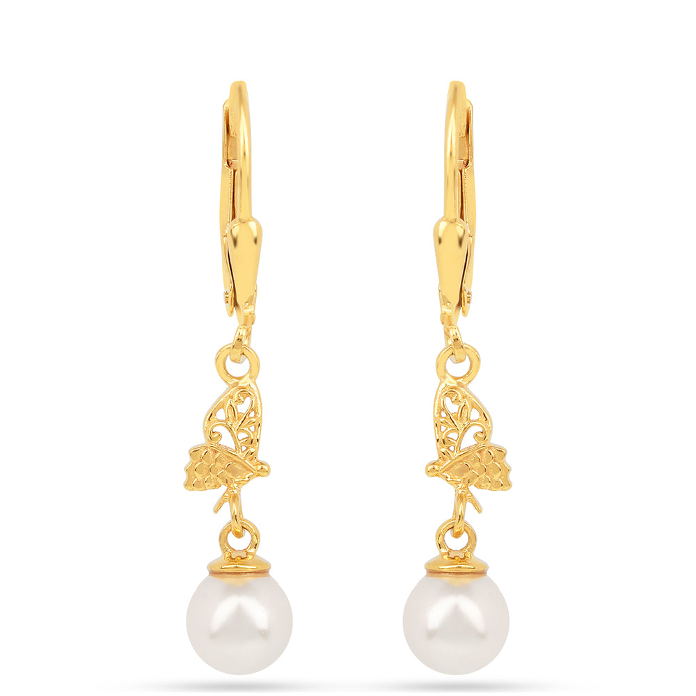 Brincos de Prata com Banho de Ouro com Pérola Branca de Água Creme