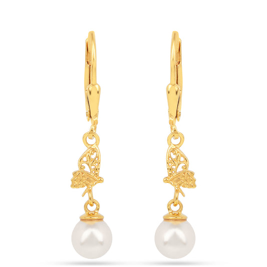 Brincos de Prata com Banho de Ouro com Pérola Branca de Água Creme