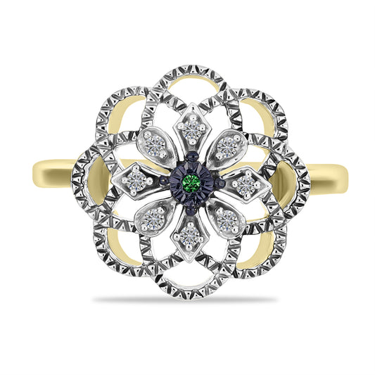 Anel de Prata com Banho de Ouro com Diamante Verde e Diamante Branco  Contraste: Cabeca de Veado (800)
