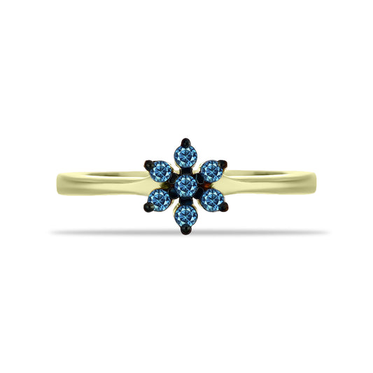Anel de Prata com Banho de Ouro com Diamante Azul