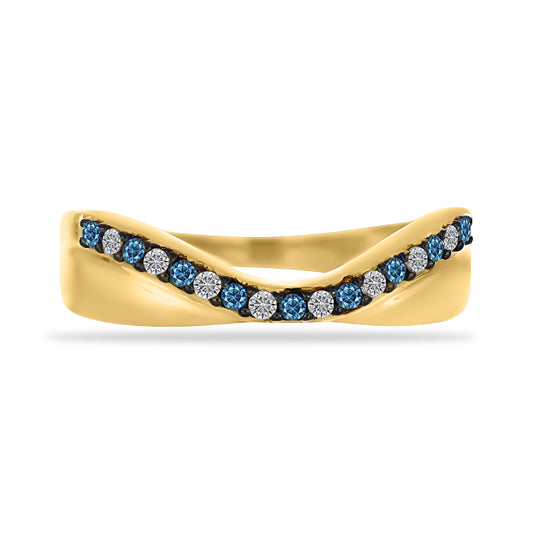 Anel de Prata com Banho de Ouro com Diamante Azul e Diamante Branco