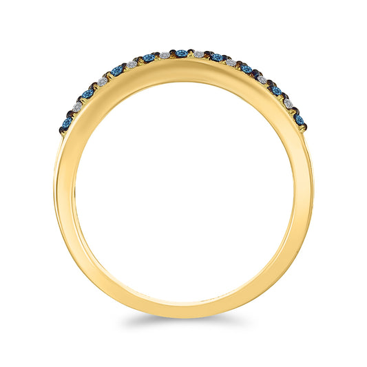 Anel de Prata com Banho de Ouro com Diamante Azul e Diamante Branco