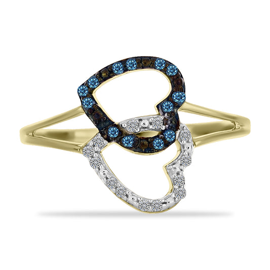 Anel de Prata com Banho de Ouro com Diamante Azul e Diamante Branco