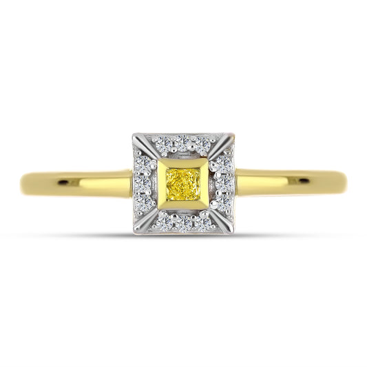 Anel de Prata com Banho de Ouro com Diamante Amarelo e Zircão Branco Natural