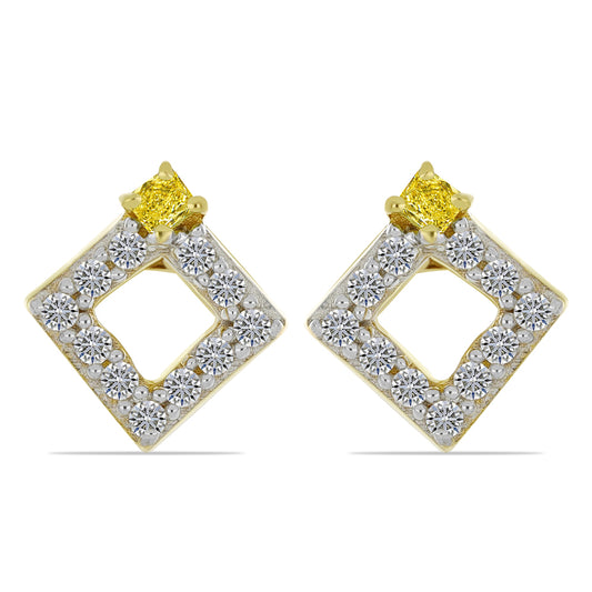 Brincos de Prata com Banho de Ouro com Diamante Amarelo e Zircão Branco Natural