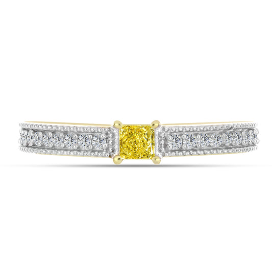 Anel de Prata com Banho de Ouro com Diamante Amarelo e Zircão Branco Natural