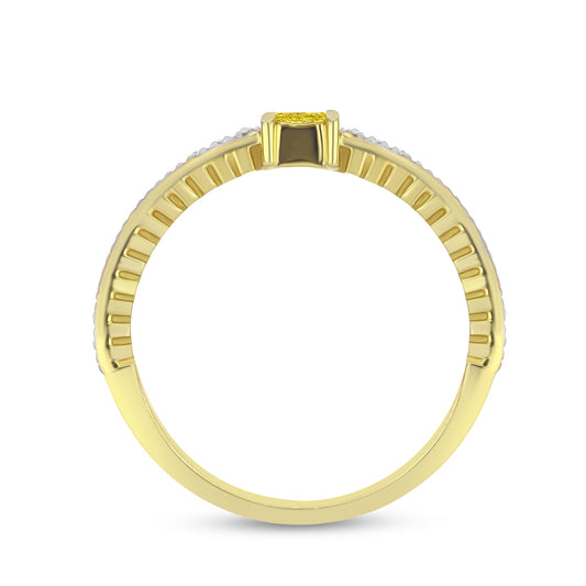 Anel de Prata com Banho de Ouro com Diamante Amarelo e Zircão Branco Natural