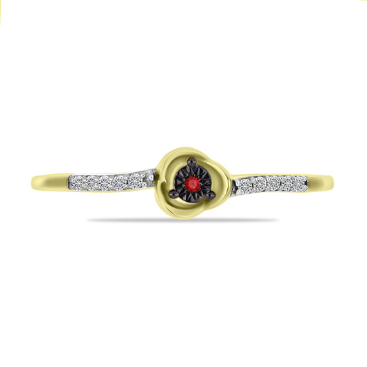Anel de Prata com Banho de Ouro com Diamante Vermelho e Zircão Branco