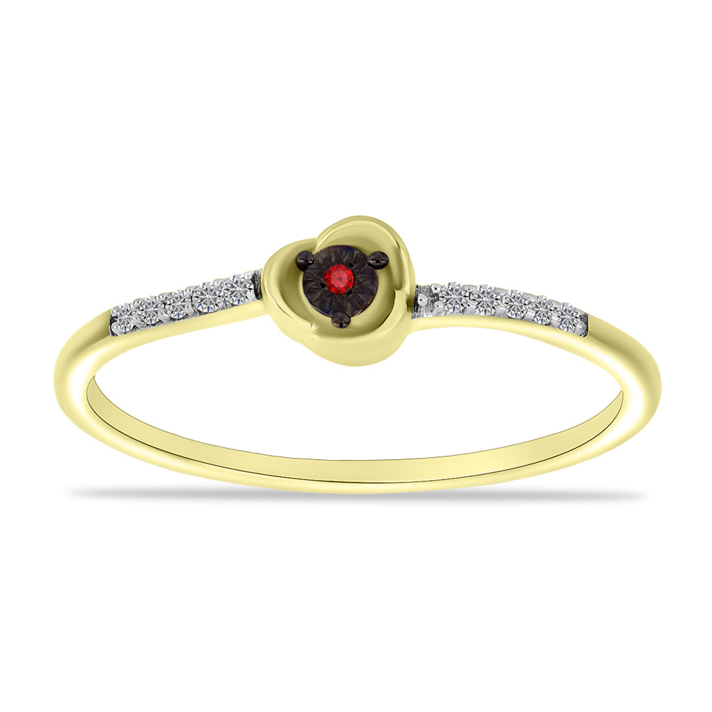 Anel de Prata com Banho de Ouro com Diamante Vermelho e Zircão Branco