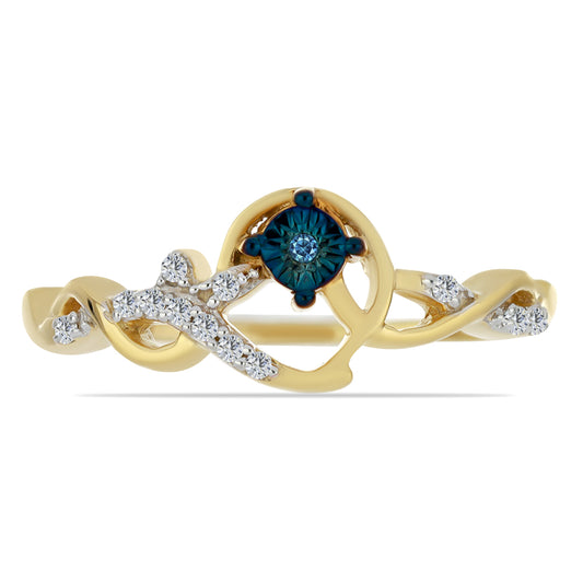 Anel de Prata com Banho de Ouro com Diamante Azul e Zircão Branco