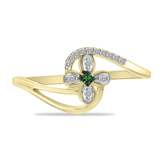 Anel de Prata com Banho de Ouro com Diamante Verde e Zircão Branco