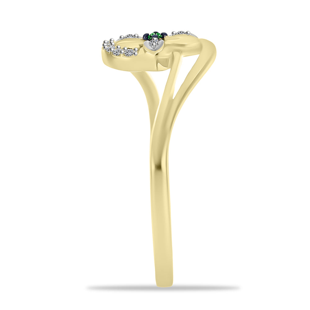 Anel de Prata com Banho de Ouro com Diamante Verde e Zircão Branco