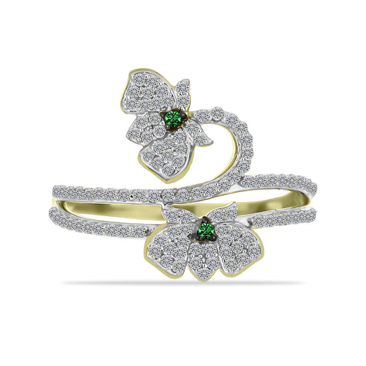 Anel de Prata com Banho de Ouro com Diamante Verde e Zircão Branco  Contraste: Cabeca de Veado (800)