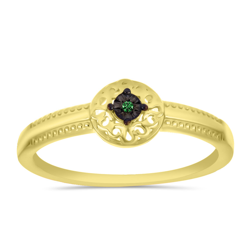 Anel de Prata com Banho de Ouro com Diamante Verde
