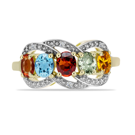 Anel de Prata com Banho de Ouro com Turmalina Arco-íris de Pelmadulla e Diamante Branco  Contraste: Cabeca de Veado (800)