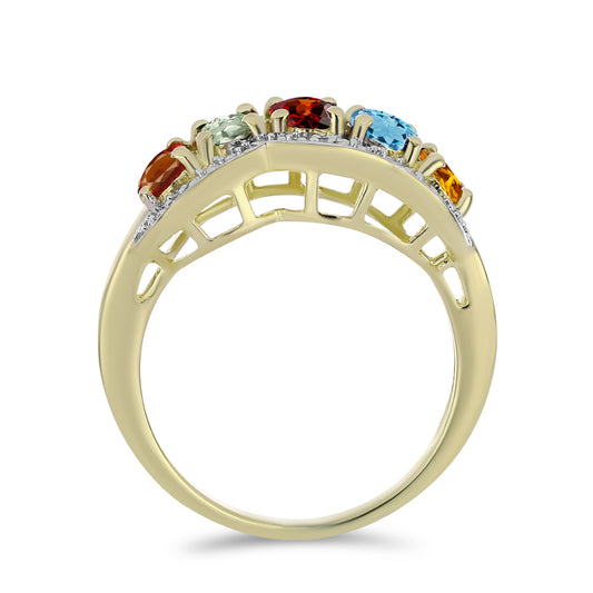 Anel de Prata com Banho de Ouro com Turmalina Arco-íris de Pelmadulla e Diamante Branco  Contraste: Cabeca de Veado (800)