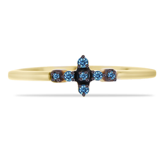 Anel de Prata com Banho de Ouro com Diamante Azul e Diamante Branco