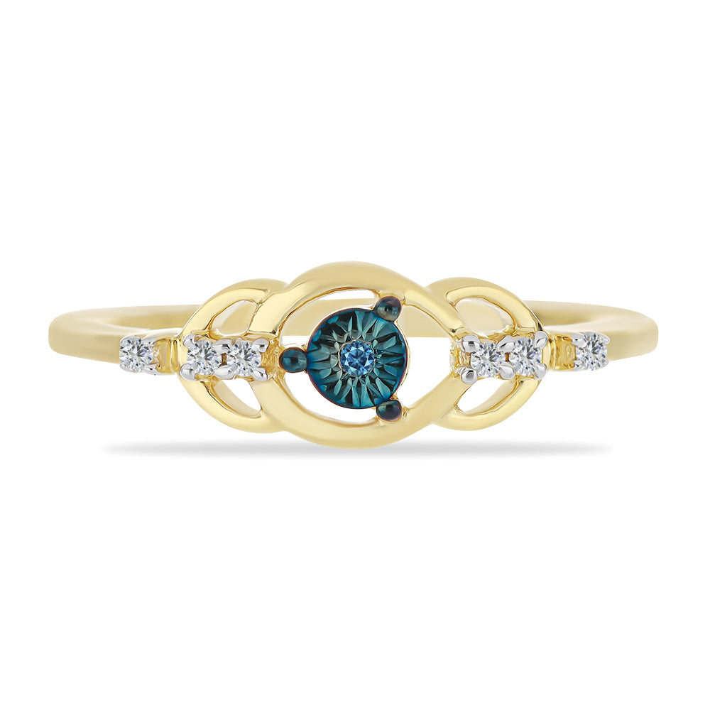 Anel de Prata com Banho de Ouro com Diamante Azul e Zircão Branco