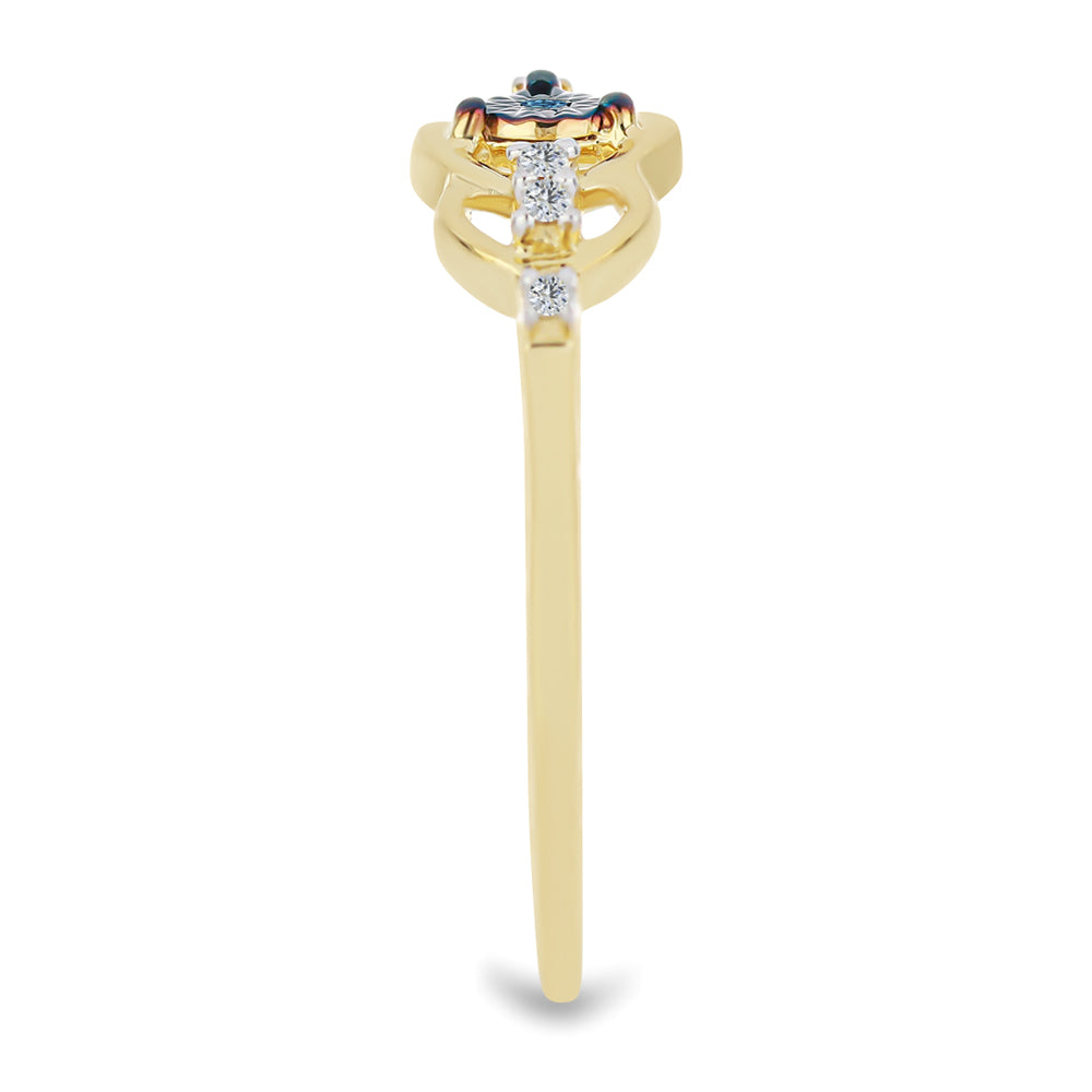 Anel de Prata com Banho de Ouro com Diamante Azul e Zircão Branco
