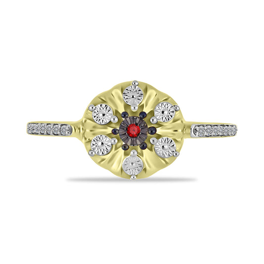 Anel de Prata com Banho de Ouro com Diamante Vermelho e Zircão Branco  Contraste: Cabeca de Veado (800)