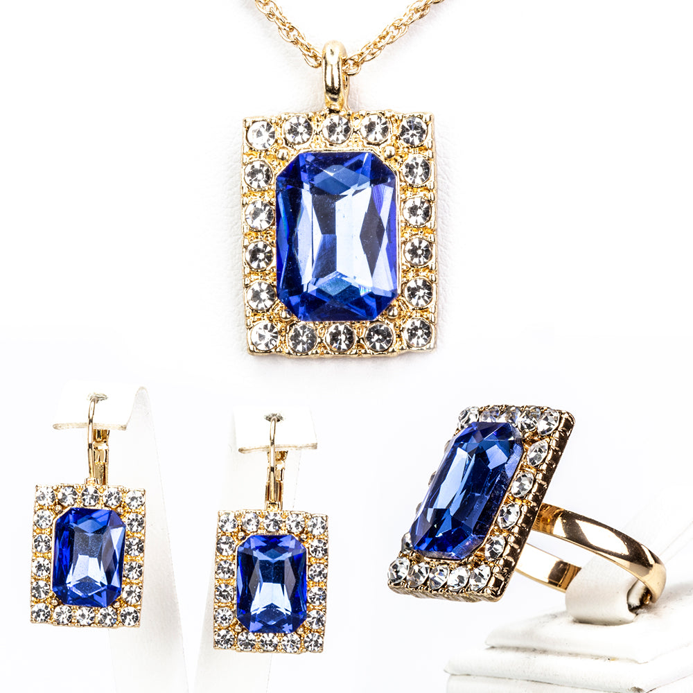 Conjunto de Liga de Ouro com Cristal Emporia® Azul ( Colar+Brincos+Pendente )