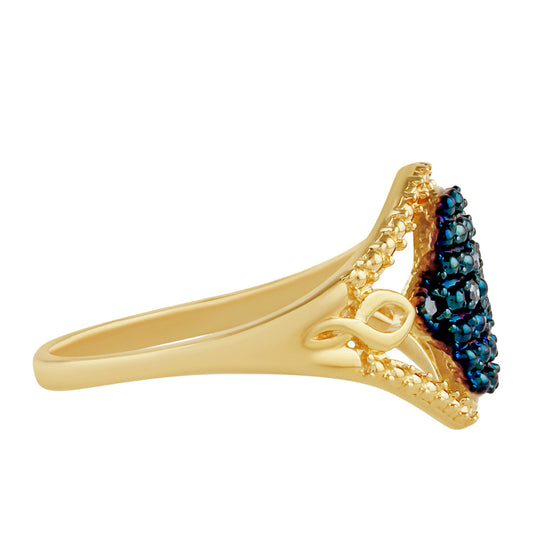 Anel de Prata com Banho de Ouro com Diamante Azul