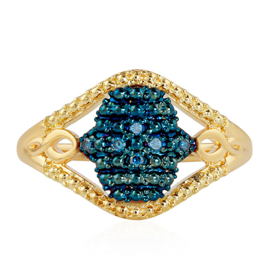 Anel de Prata com Banho de Ouro com Diamante Azul