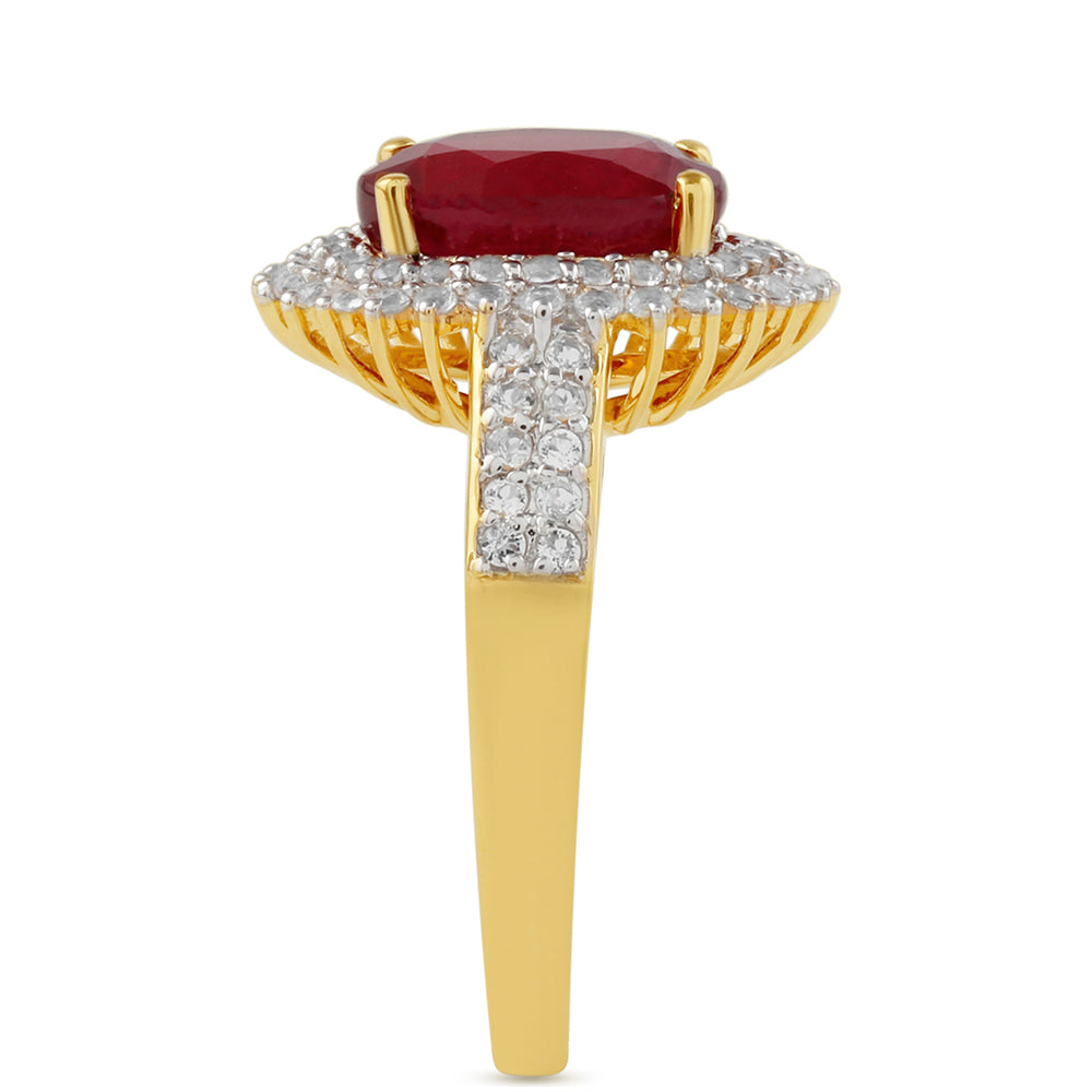 Anel de Prata com Banho de Ouro com Rubi da Tailândia e Topázio Branco  Contraste: Cabeca de Veado (800) 3 