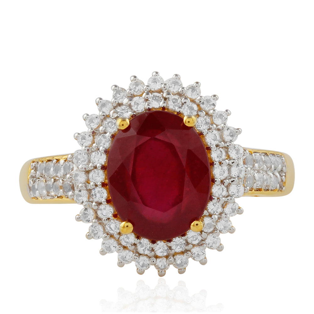 Anel de Prata com Banho de Ouro com Rubi da Tailândia e Topázio Branco  Contraste: Cabeca de Veado (800) 1 