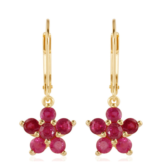 Brincos de Prata com Banho de Ouro com Rubi da Tailândia
