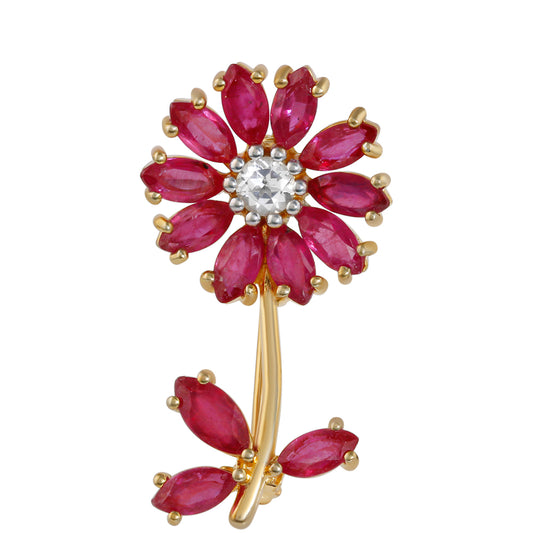 Alfinete de Prata com Banho de Ouro com Rubi da Tailândia e Topázio Branco  Contraste: Cabeca de Veado (800)