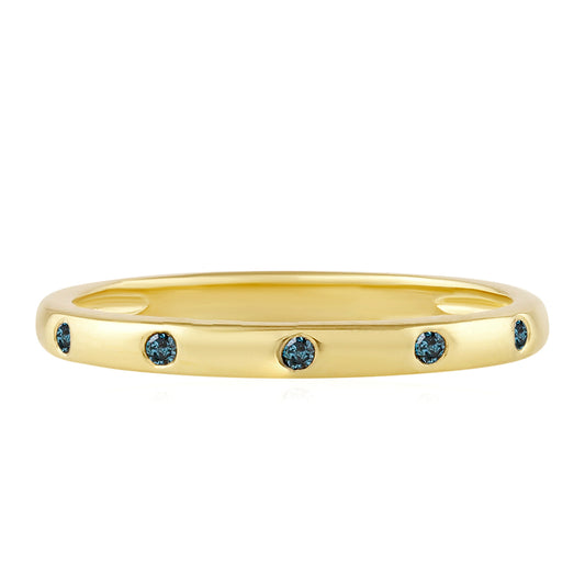Anel de Prata com Banho de Ouro com Diamante Azul