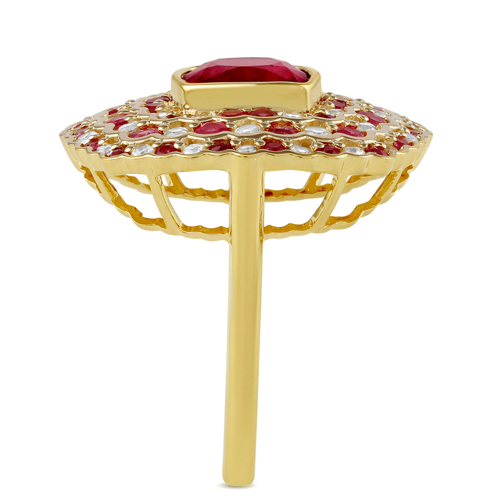 Anel de Prata com Banho de Ouro com Rubi da Tailândia e Topázio Branco  Contraste: Cabeca de Veado (800)