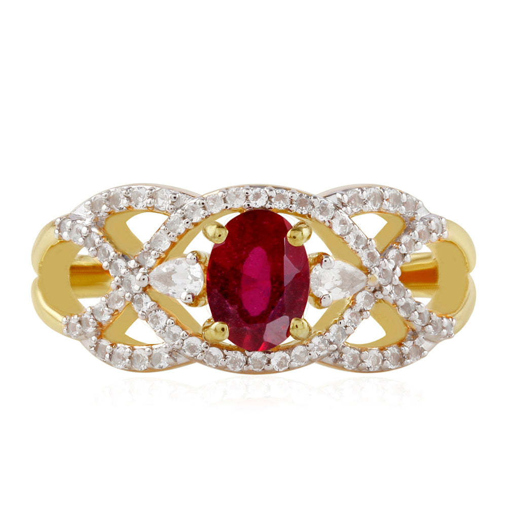 Anel de Prata com Banho de Ouro com Rubi da Tailândia e Topázio Branco  Contraste: Cabeca de Veado (800)